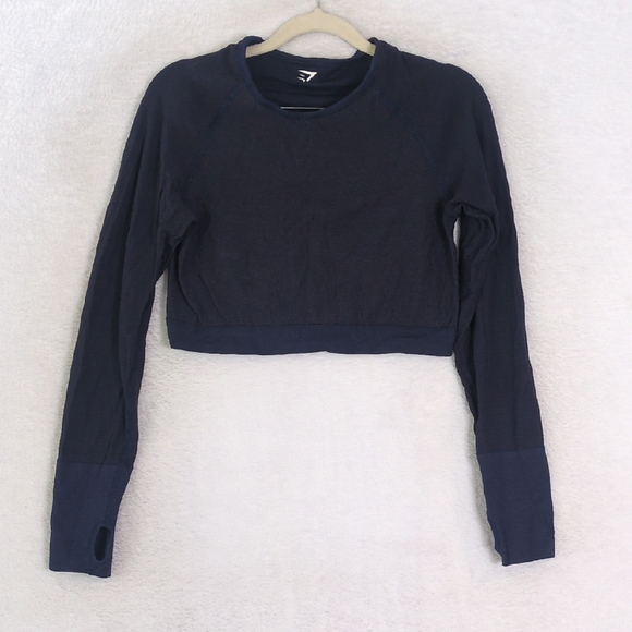 Gymshark Womens Dark Blue Cropped‎ Long Sleeve Athletic Top Size S - Picture 1 of 5